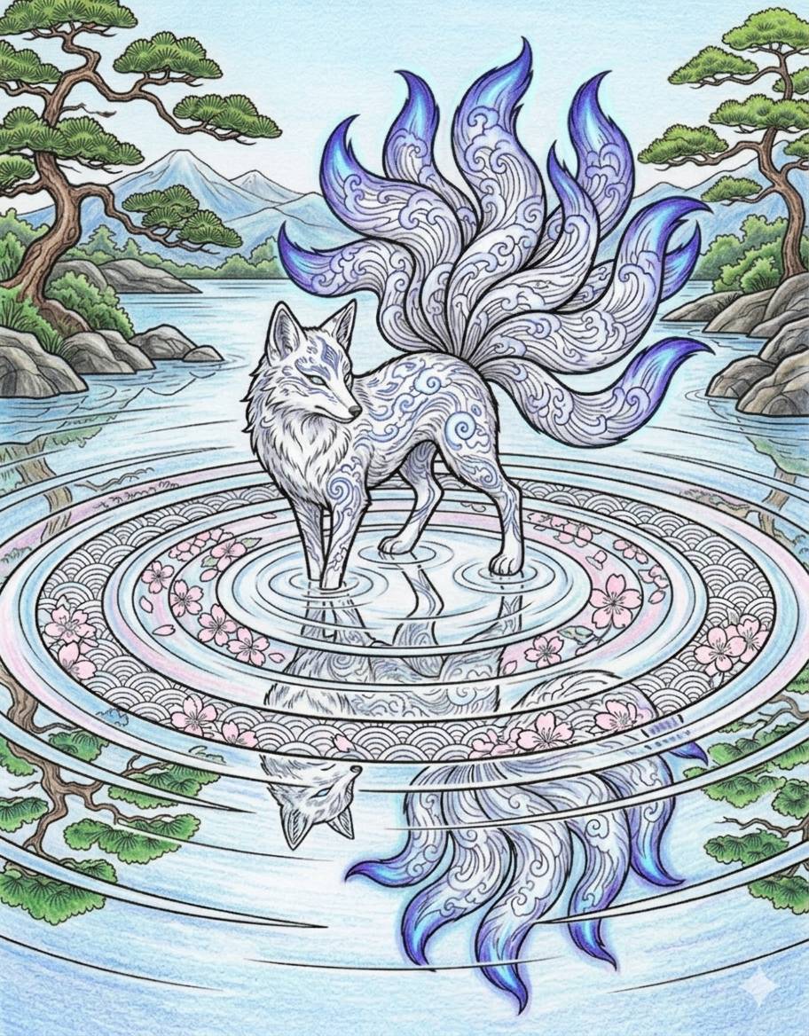 Mystic Kitsune Coloring Book Page Sample 1