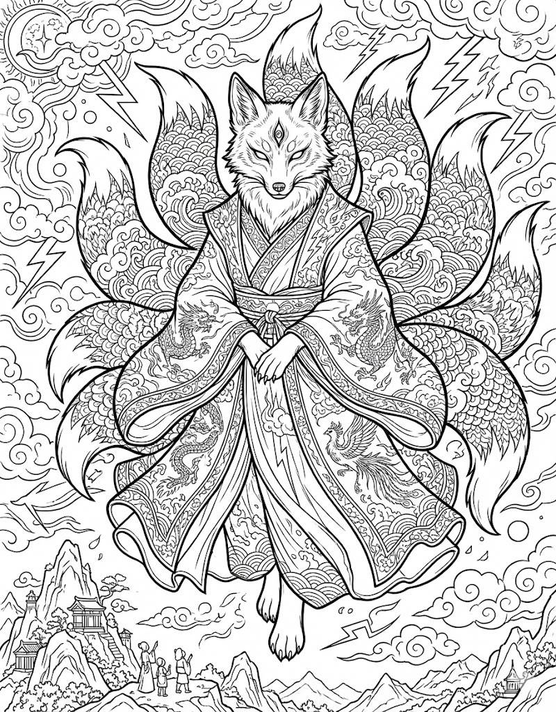 Mystic Kitsune Coloring Book Page Sample 3