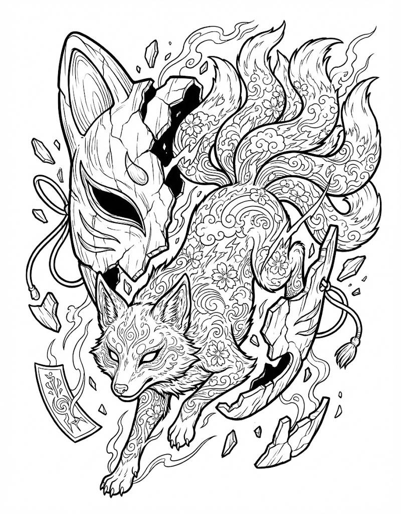 Mystic Kitsune Coloring Book Page Sample 4