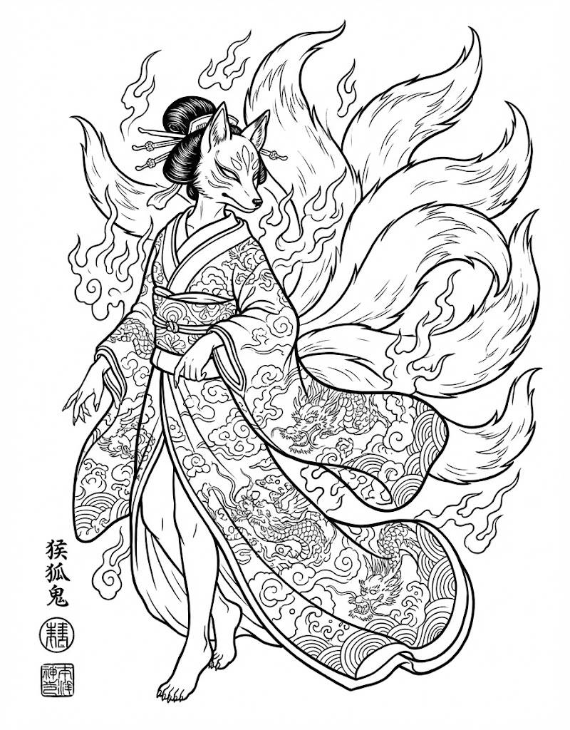 Mystic Kitsune Coloring Book Page Sample 5